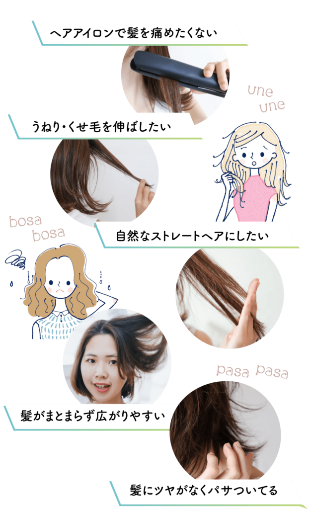 ✓ヘアアイロンで髪を痛めたくない ✓きれいなストレートヘアにしたい ✓うねり・くせ毛を伸ばしたい ✓髪にツヤがなくパサついてる ✓髪がまとまらず広がりやすい