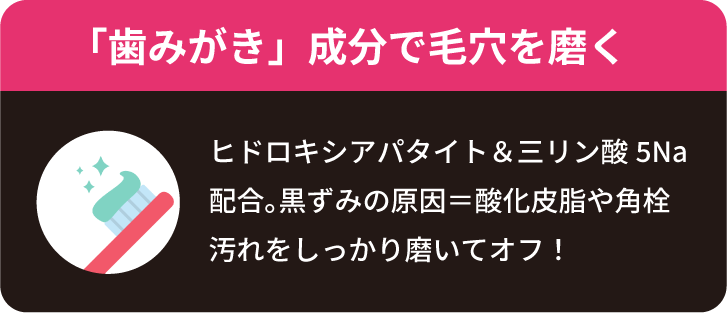 【「歯みがき」成分で毛穴を磨く】ヒドロキシアパタイト＆三リン酸5Na 配合｡黒ずみの原因＝酸化皮脂や角栓 汚れをしっかり磨いてオフ！